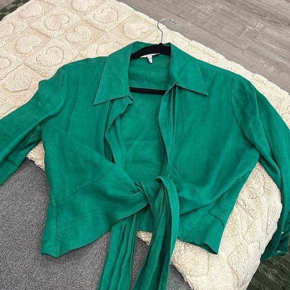 Reiss Corinne Linen Green Tie Waist Blouse - Picture 6 of 6
